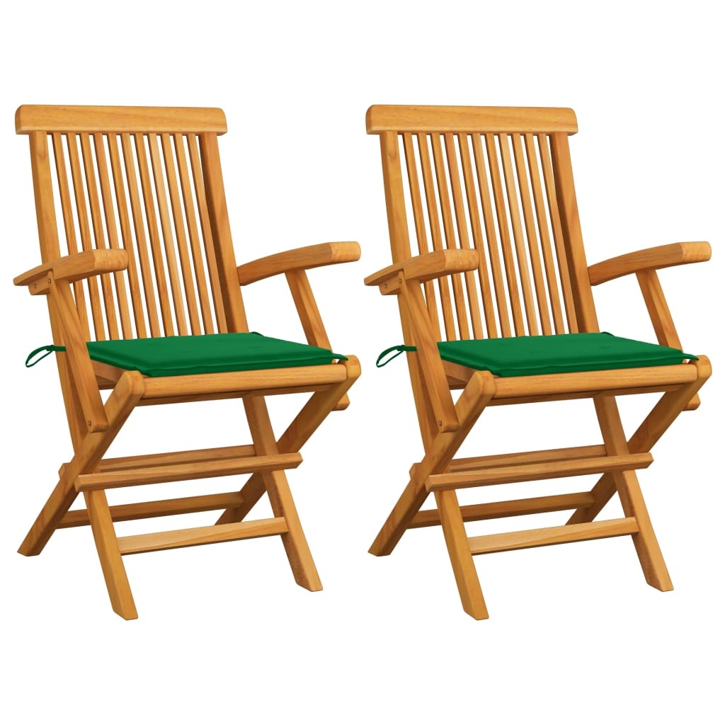 VidaXL Tuinstoelen met groene kussens 2 st massief teakhout