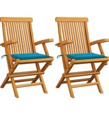 VidaXL Tuinstoelen met blauwe kussens 2 st massief teakhout