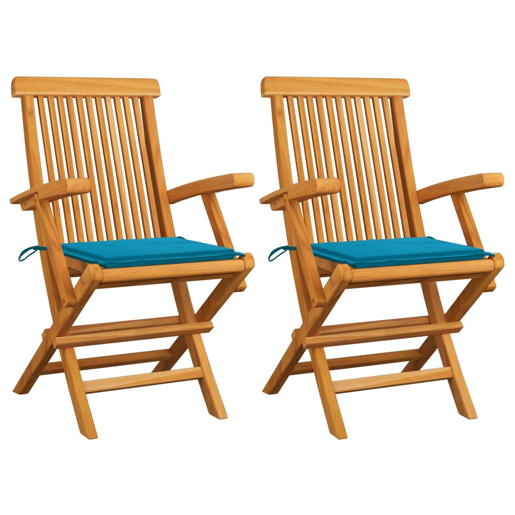 VidaXL Tuinstoelen met blauwe kussens 2 st massief teakhout
