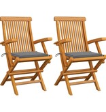VidaXL Tuinstoelen met grijze kussens 2 st massief teakhout
