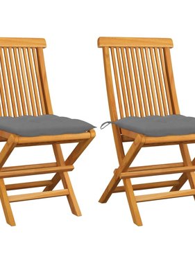 VidaXL Tuinstoelen 2 st met grijze kussens massief teakhout