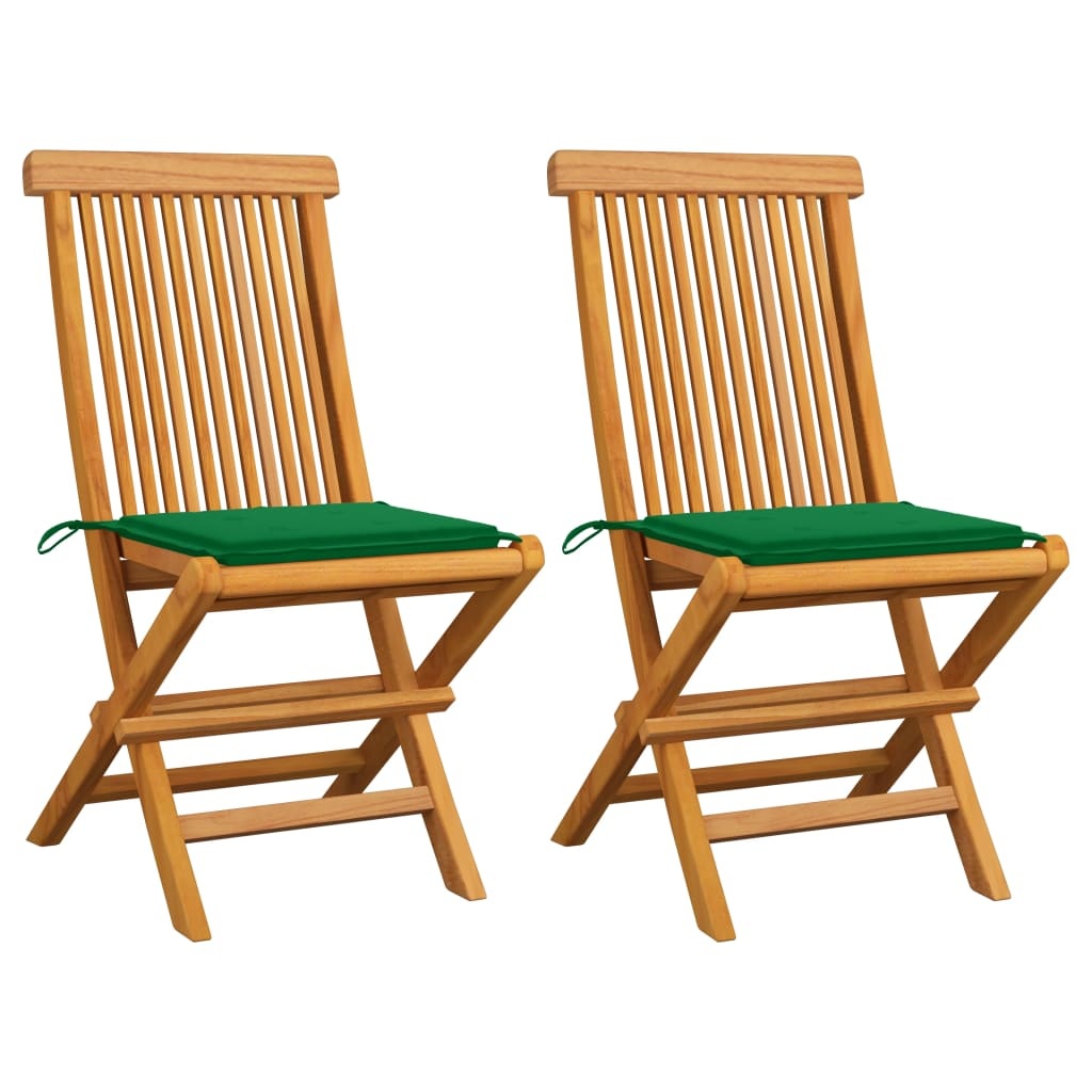 VidaXL Tuinstoelen met groene kussens 2 st massief teakhout