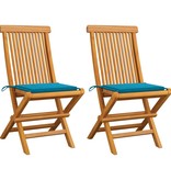 VidaXL Tuinstoelen met blauwe kussens 2 st massief teakhout