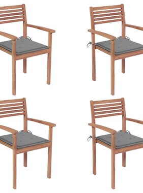 VidaXL Tuinstoelen 4 st met grijze kussens massief teakhout