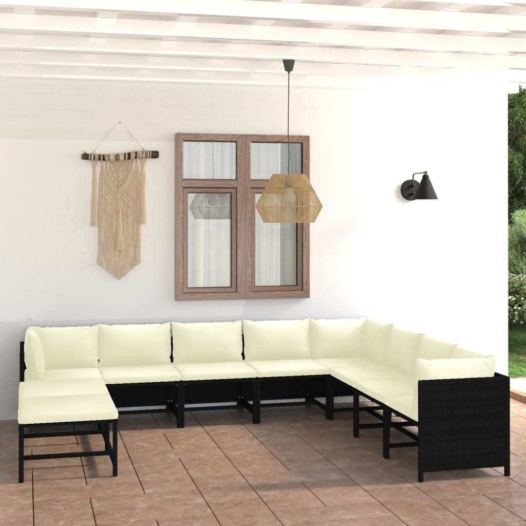 VidaXL 9-delige Loungeset met kussens poly rattan zwart