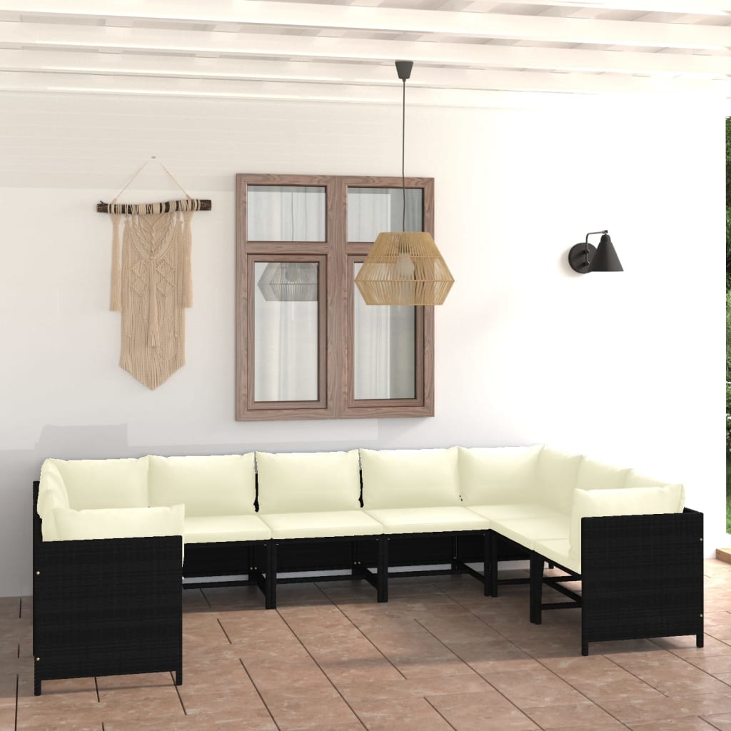 VidaXL 9-delige Loungeset met kussens poly rattan zwart