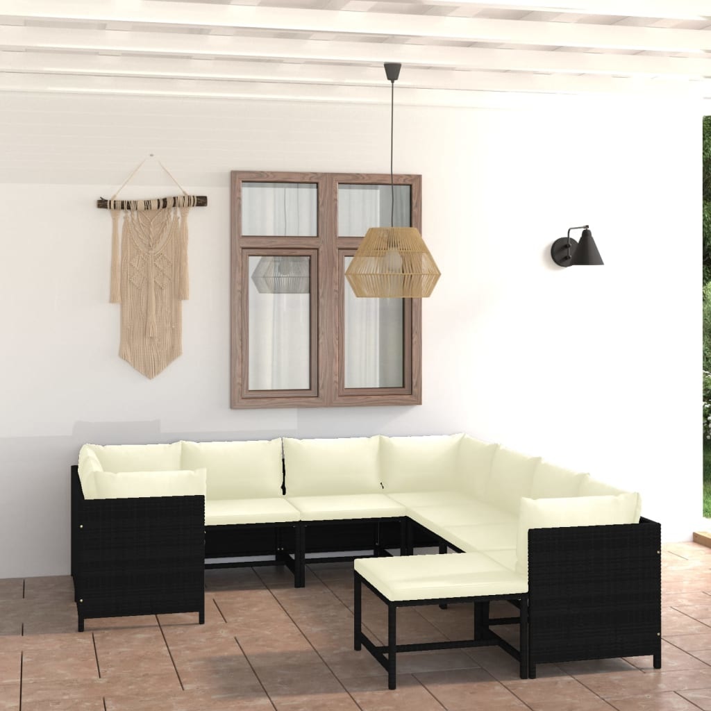 VidaXL 9-delige Loungeset met kussens poly rattan zwart