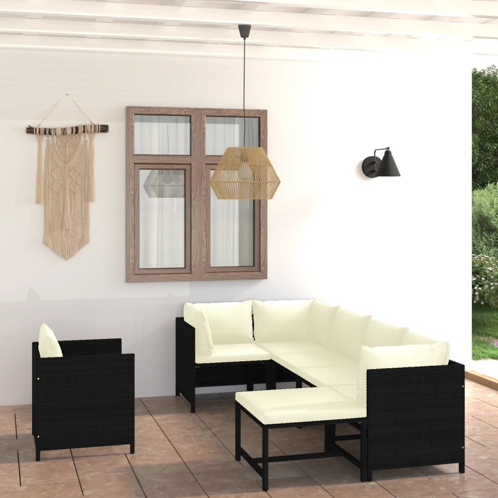 VidaXL 7-delige Loungeset met kussens poly rattan zwart