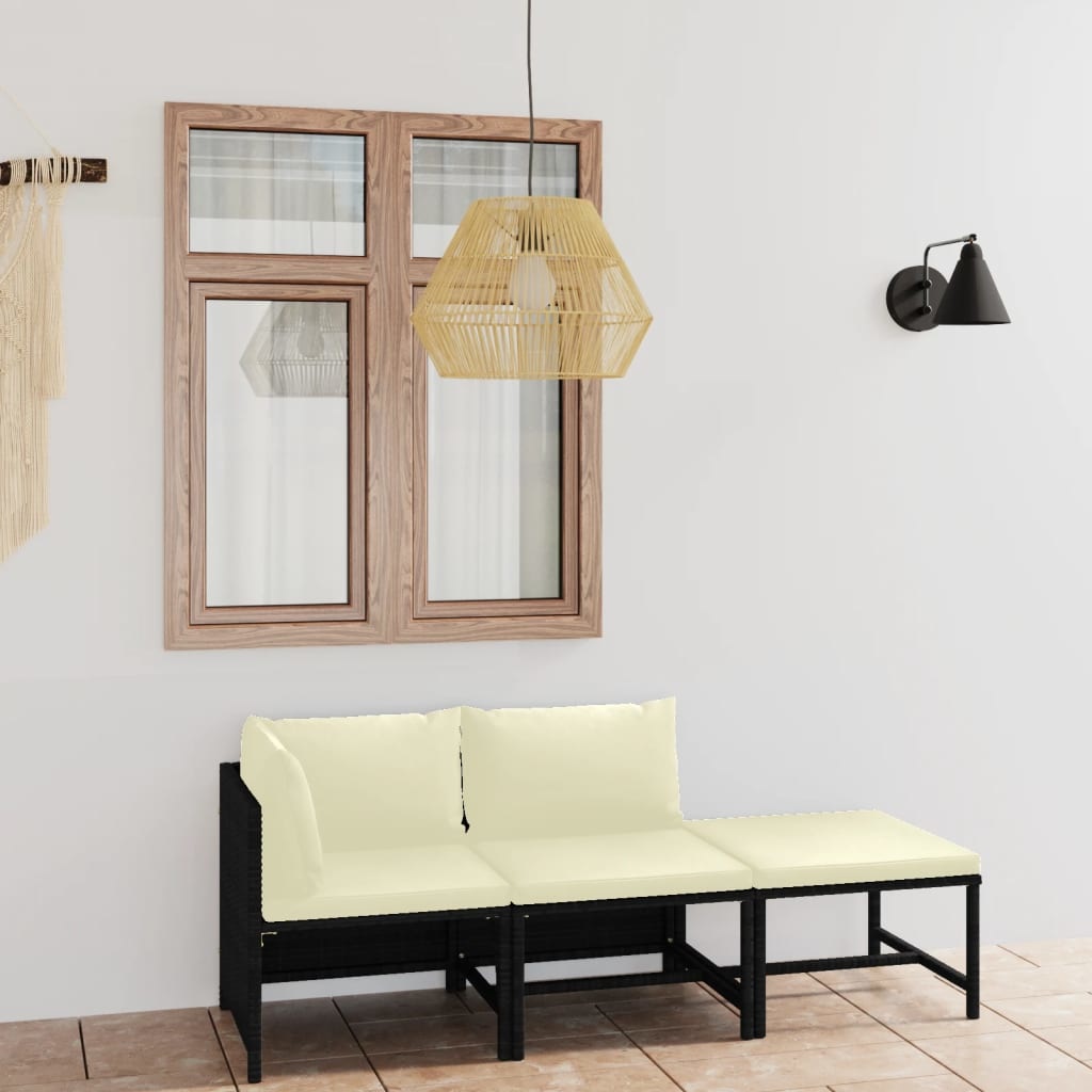 VidaXL 3-delige Loungeset met kussens poly rattan zwart