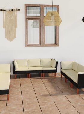 VidaXL 9-delige Loungeset met kussens poly rattan zwart
