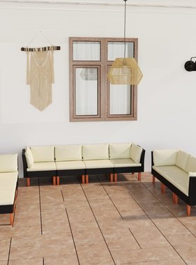 VidaXL 10-delige Loungeset met kussens poly rattan zwart