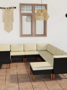 VidaXL 9-delige Loungeset met kussens poly rattan zwart