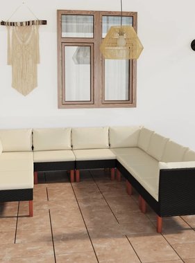 VidaXL 9-delige Loungeset met kussens poly rattan zwart
