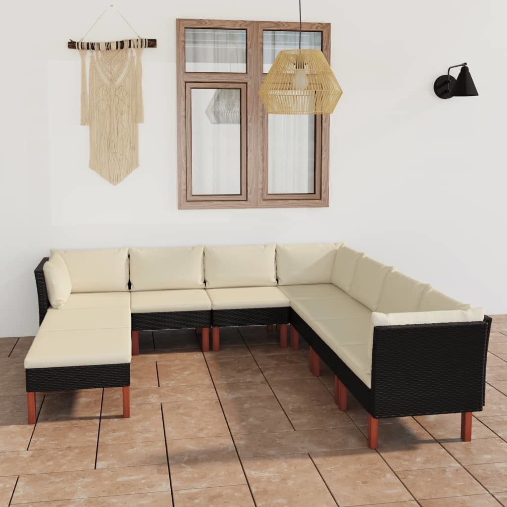 VidaXL 9-delige Loungeset met kussens poly rattan zwart