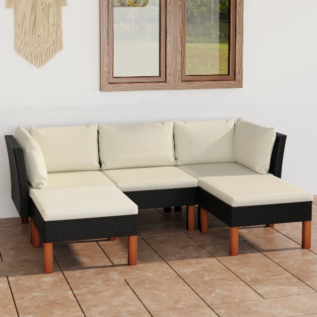 VidaXL 5-delige Loungeset met kussens poly rattan zwart