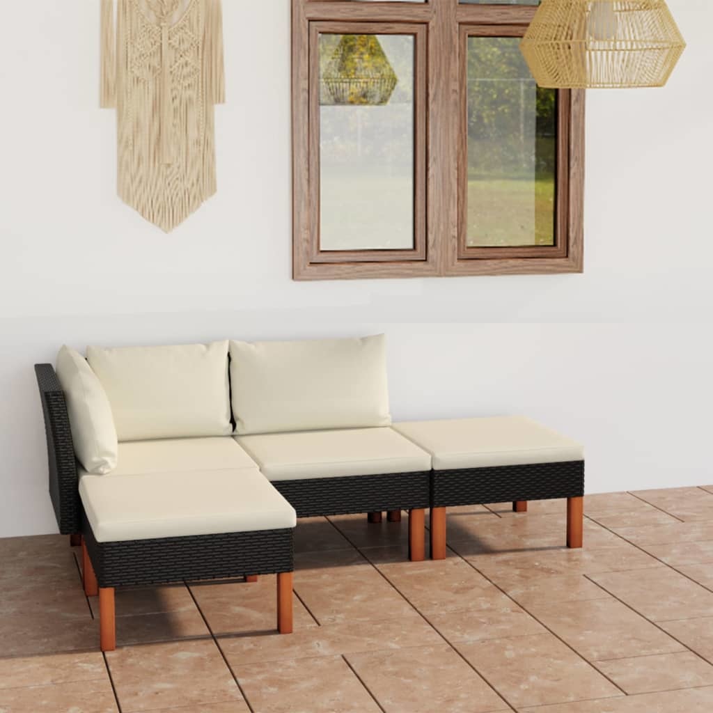 VidaXL 4-delige Loungeset met kussens poly rattan zwart