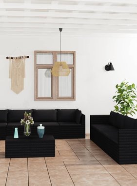 VidaXL 9-delige Loungeset met kussens poly rattan zwart