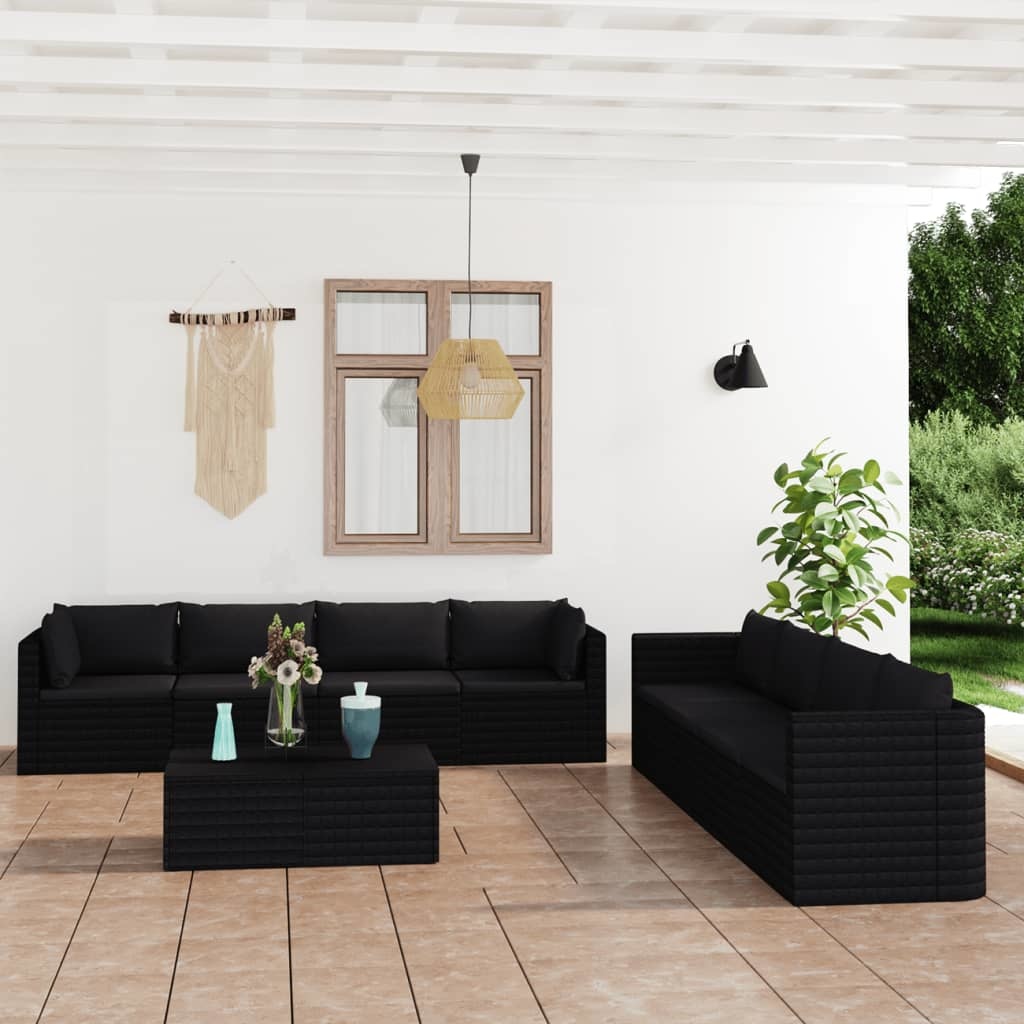VidaXL 9-delige Loungeset met kussens poly rattan zwart