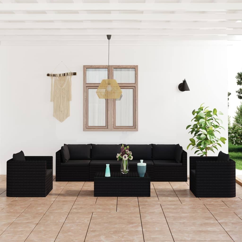 VidaXL 7-delige Loungeset met kussens poly rattan zwart