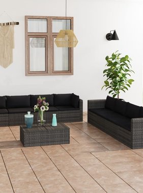 VidaXL 9-delige Loungeset met kussens poly rattan grijs
