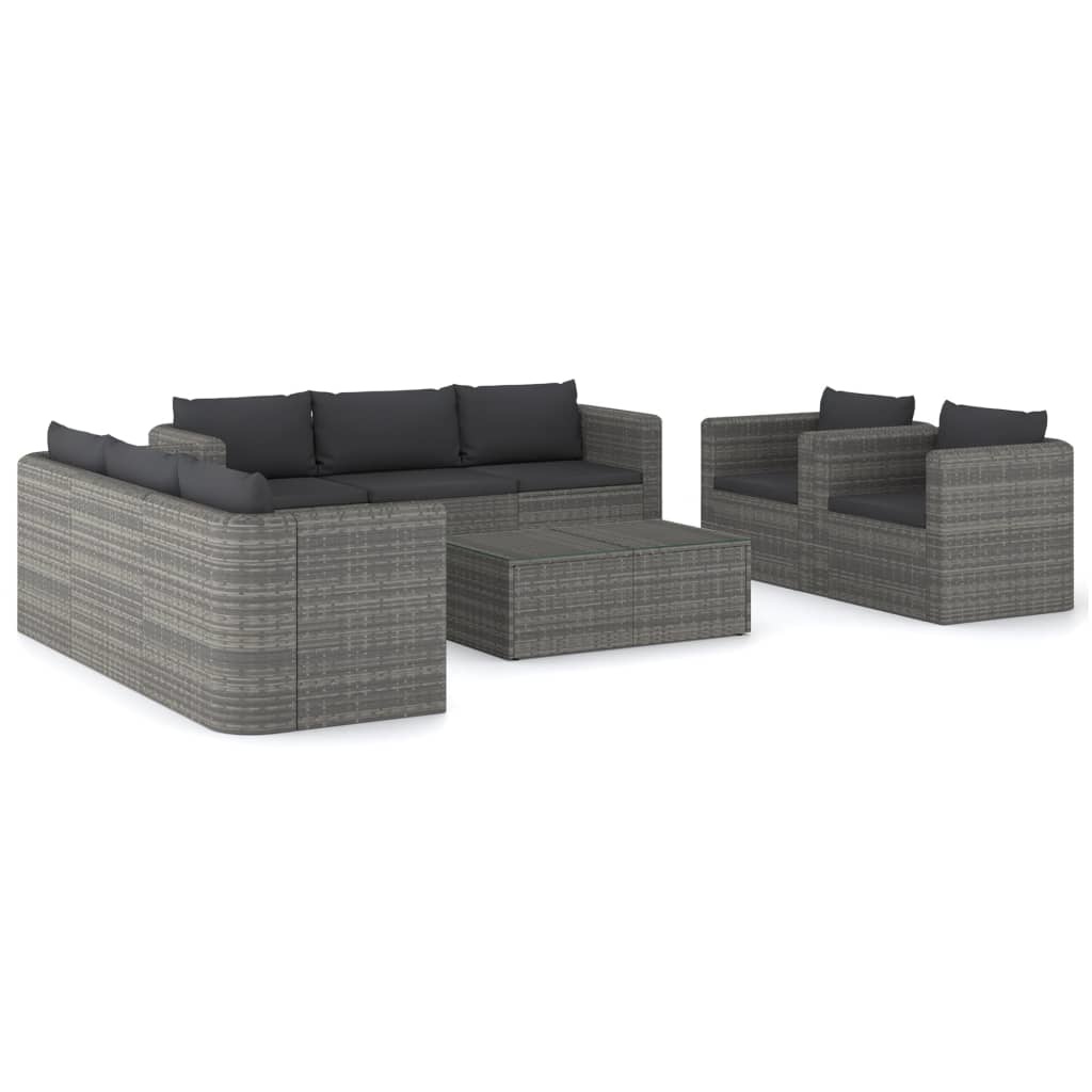 vidaXL 9-delige Loungeset met kussens poly rattan grijs