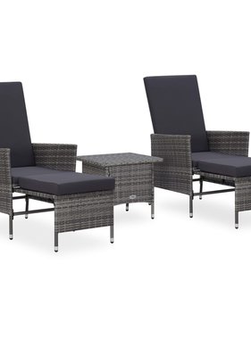 VidaXL 3-delige Loungeset met kussens poly rattan grijs