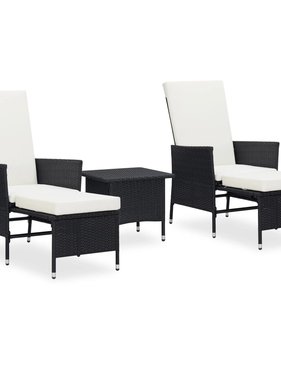 VidaXL 3-delige Loungeset met kussens poly rattan zwart
