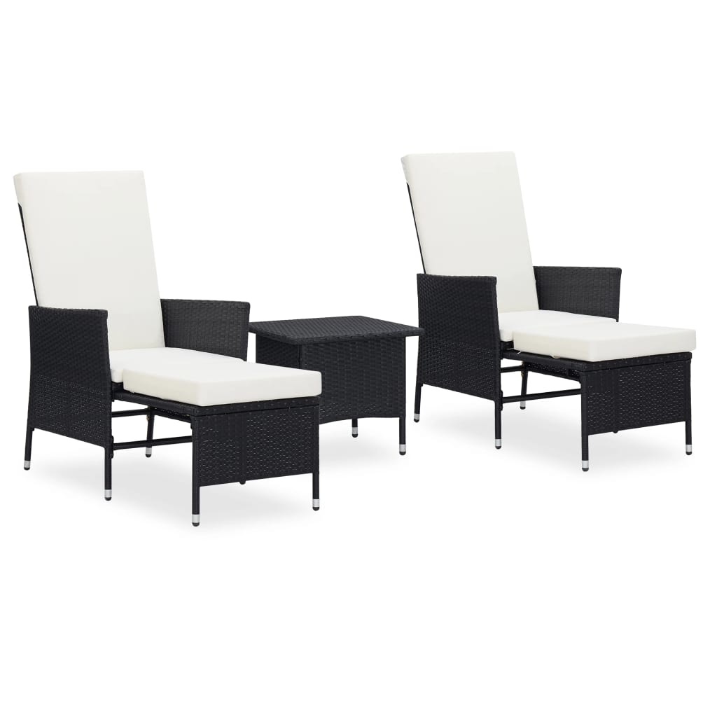 VidaXL 3-delige Loungeset met kussens poly rattan zwart