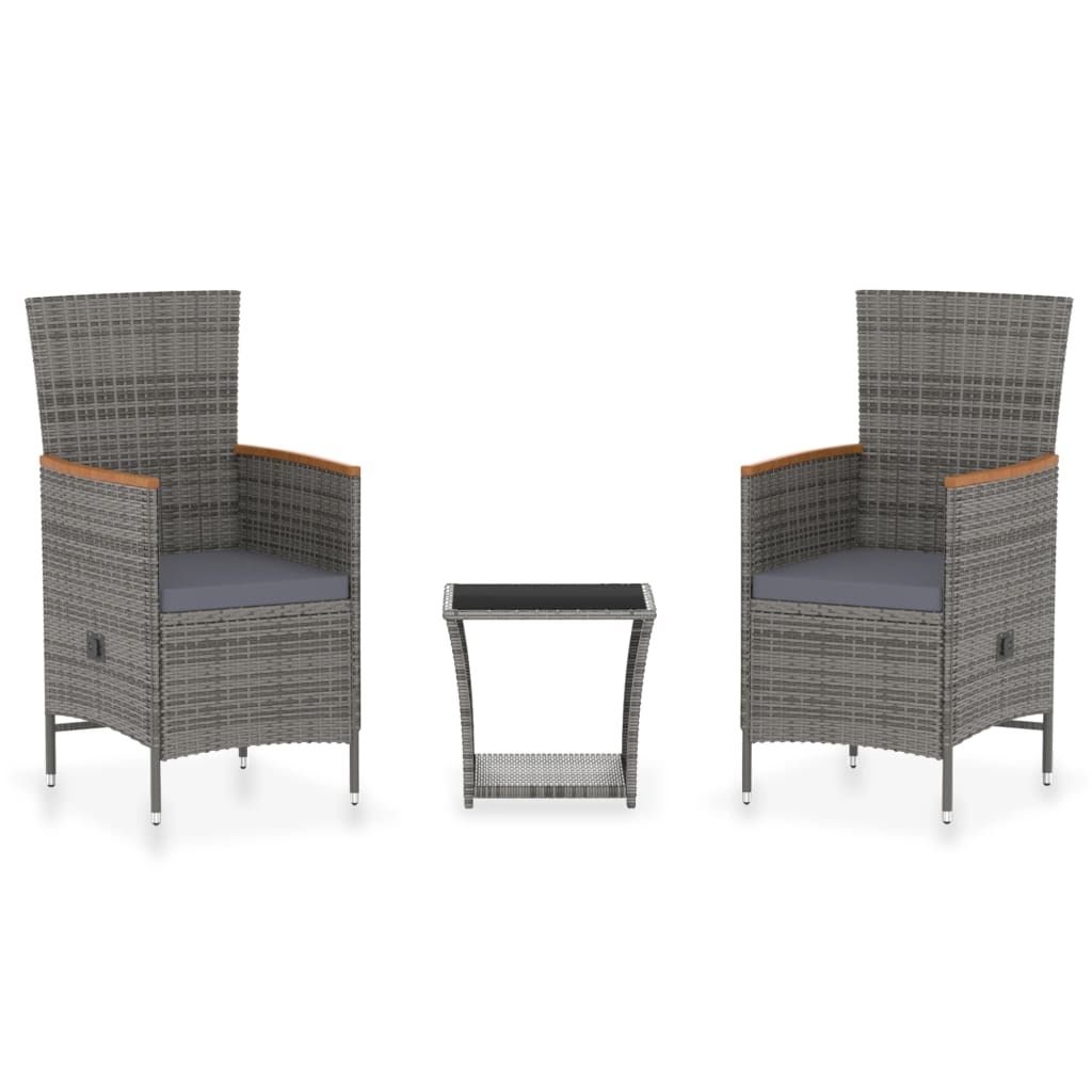VidaXL 3-delige Loungeset met kussens poly rattan grijs