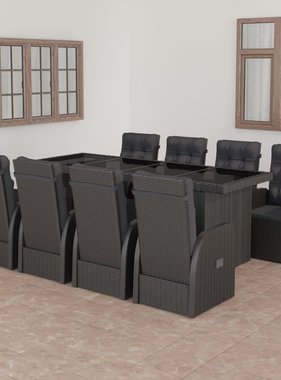 VidaXL 9-delige Tuinset met kussens poly rattan zwart