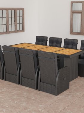 VidaXL 9-delige Tuinset met kussens poly rattan zwart