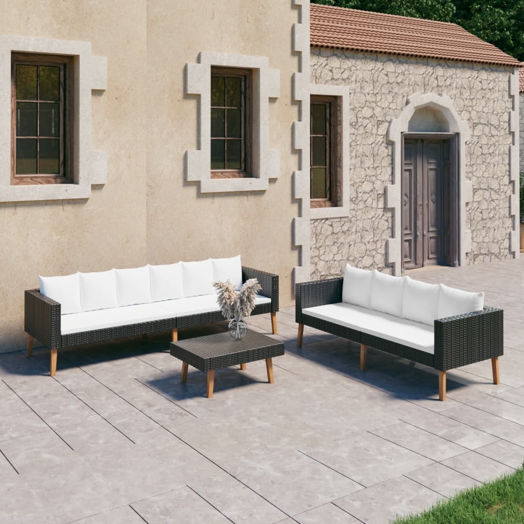 VidaXL 3-delige Loungeset met kussens poly rattan zwart