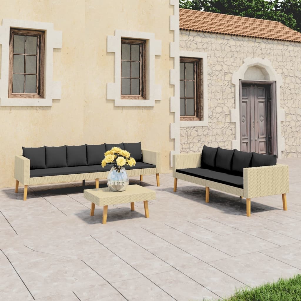 vidaXL 3-delige Loungeset met kussens poly rattan beige