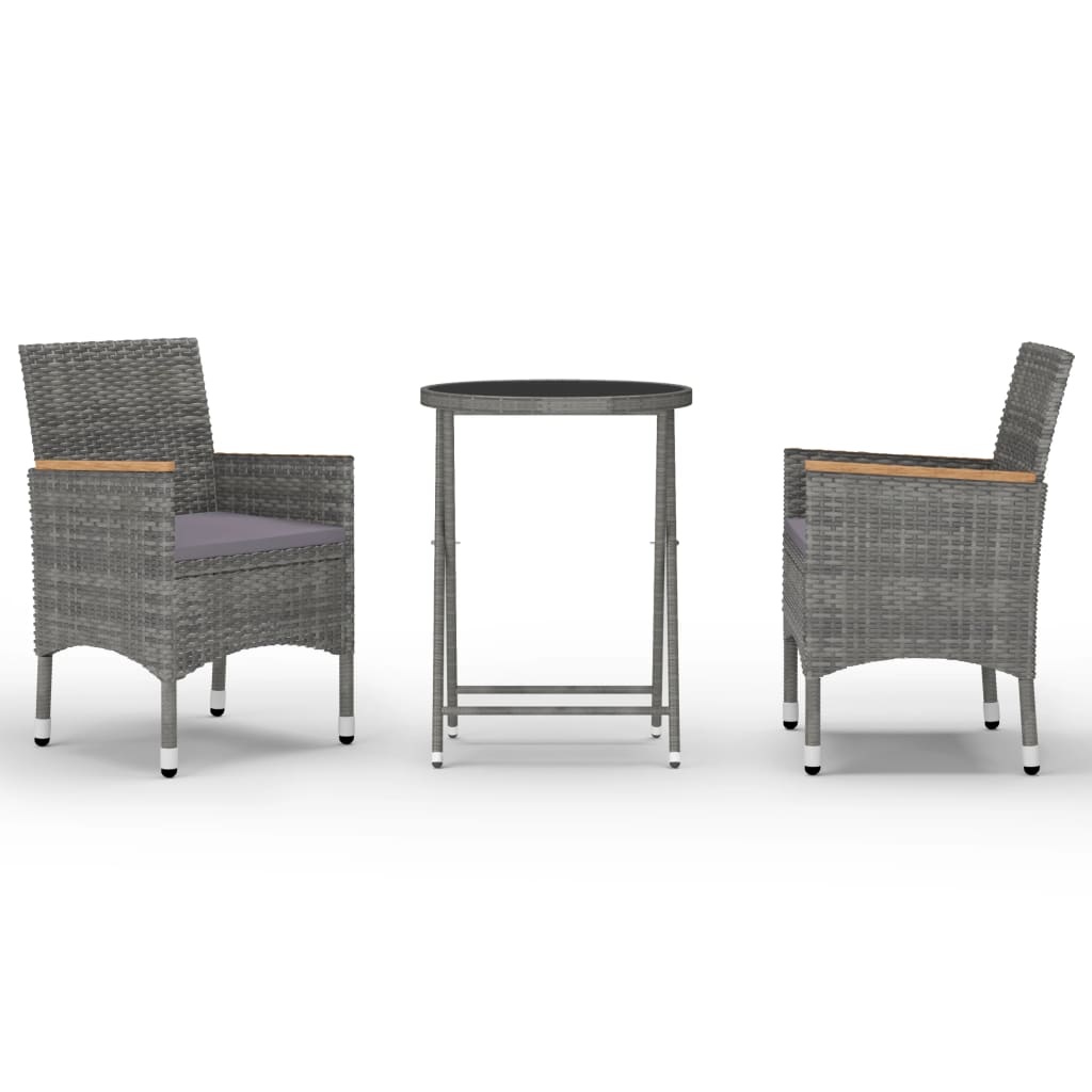 VidaXL 3-delige Bistroset poly rattan en gehard glas grijs