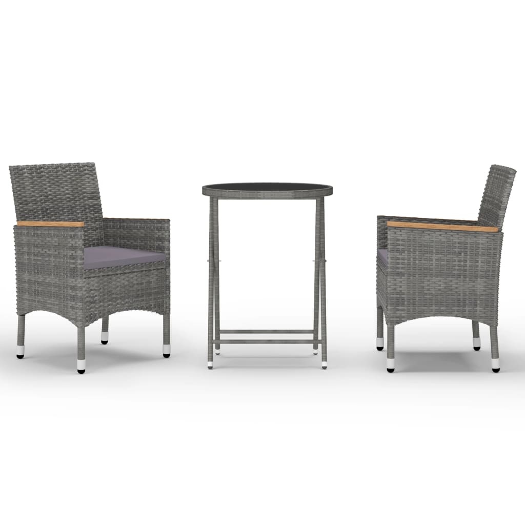 vidaXL 3-delige Bistroset poly rattan en gehard glas grijs