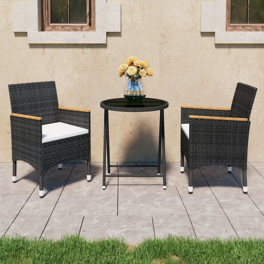 VidaXL 3-delige Bistroset poly rattan en gehard glas zwart