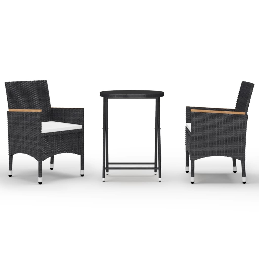 vidaXL 3-delige Bistroset poly rattan en gehard glas zwart