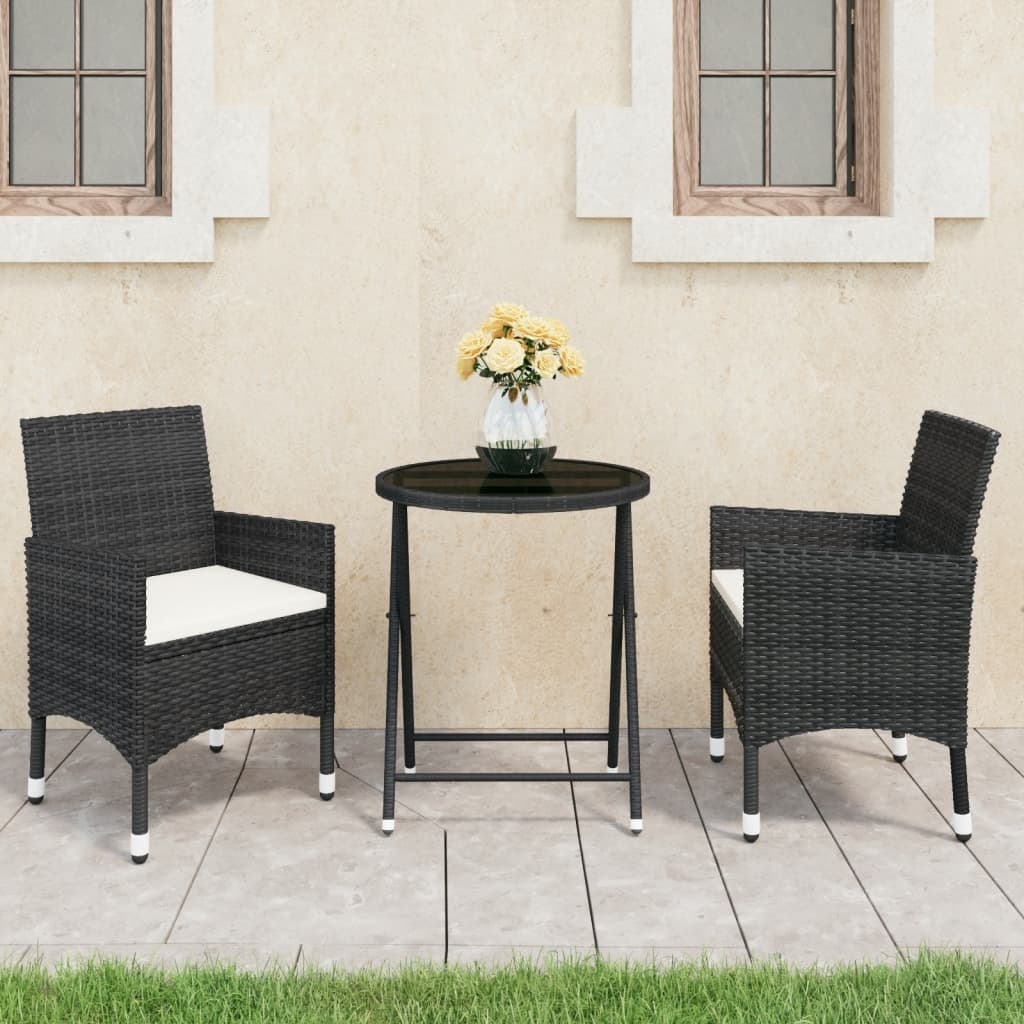 VidaXL 3-delige Bistroset poly rattan en gehard glas zwart