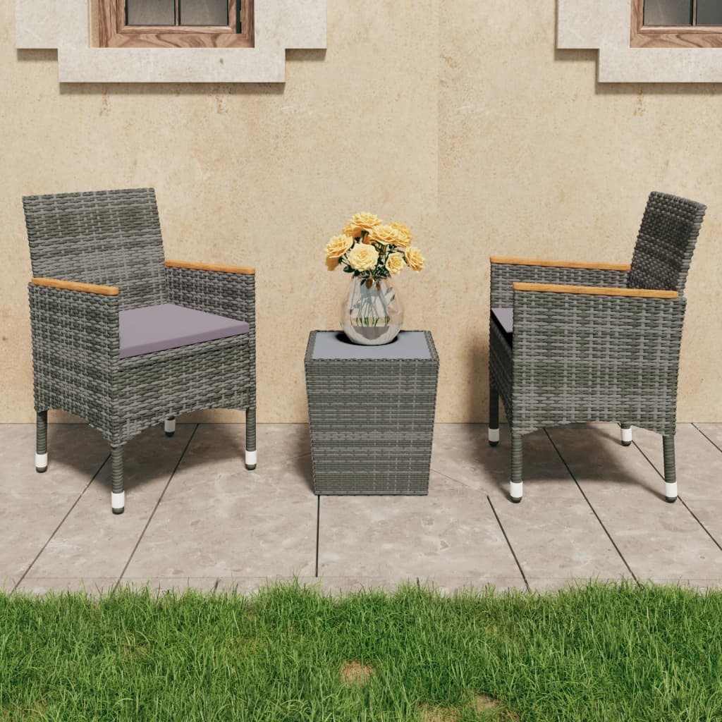 VidaXL 3-delige Bistroset poly rattan en gehard glas grijs