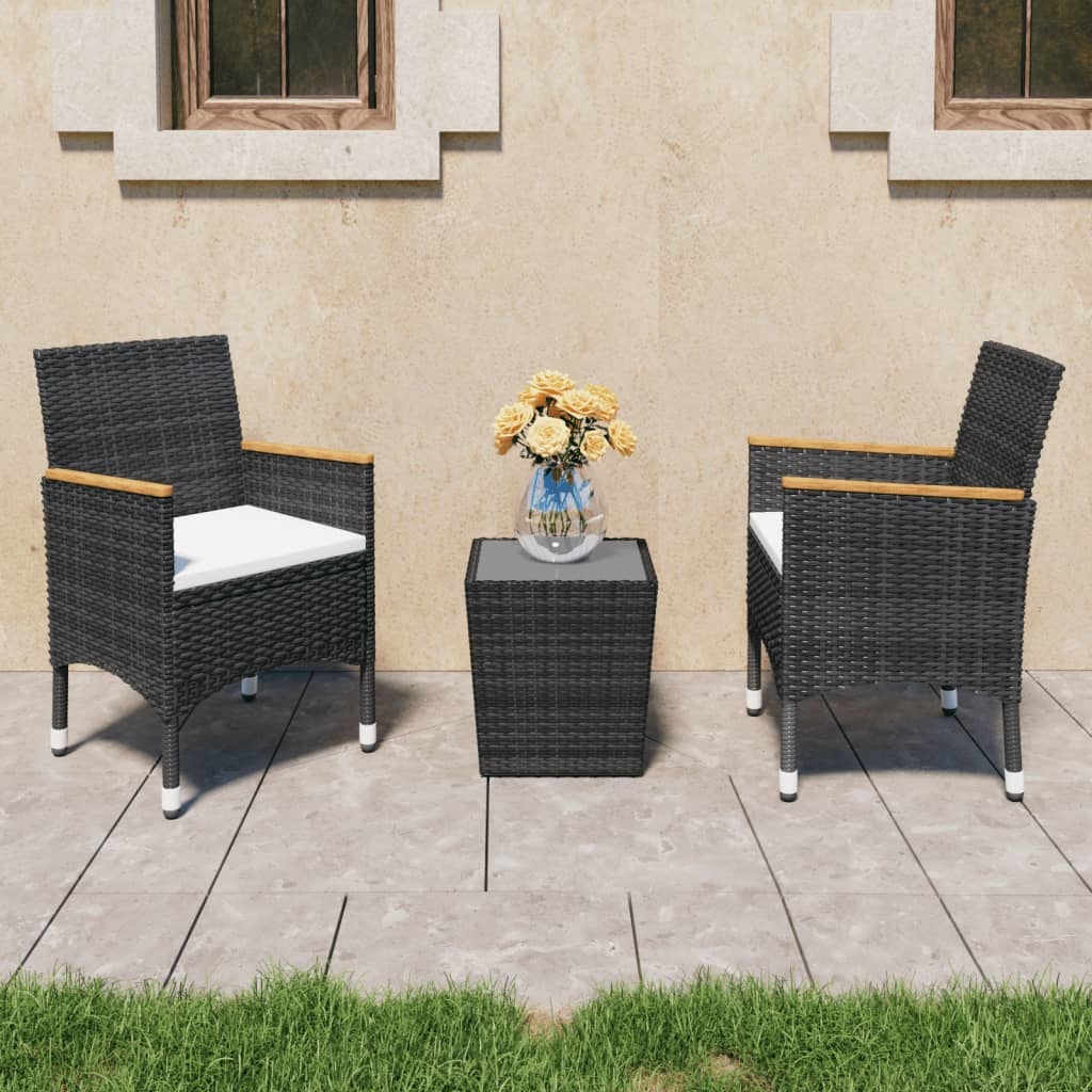 VidaXL 3-delige Bistroset poly rattan en gehard glas zwart