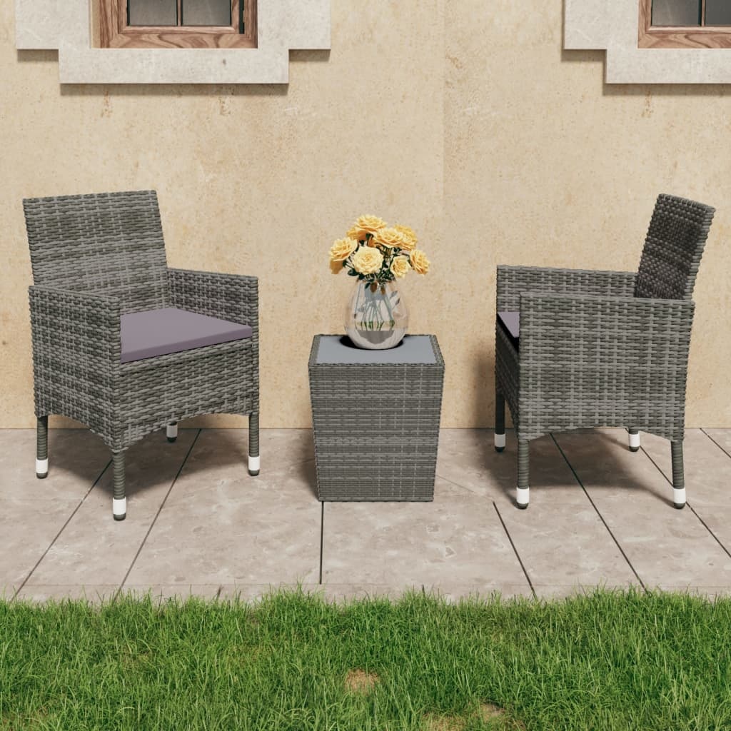 VidaXL 3-delige Bistroset poly rattan en gehard glas grijs
