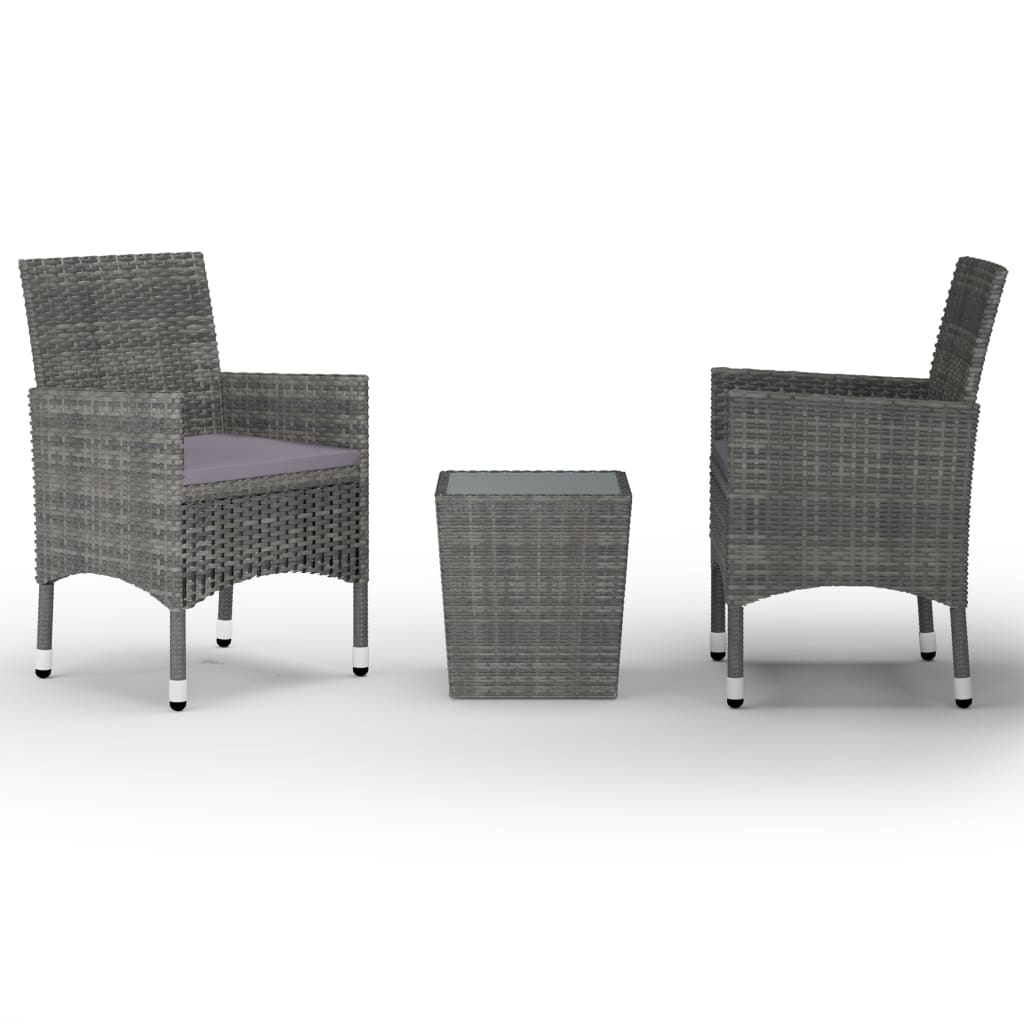 VidaXL 3-delige Bistroset poly rattan en gehard glas grijs