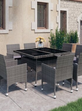VidaXL 9-delige Tuinset poly rattan en glas grijs