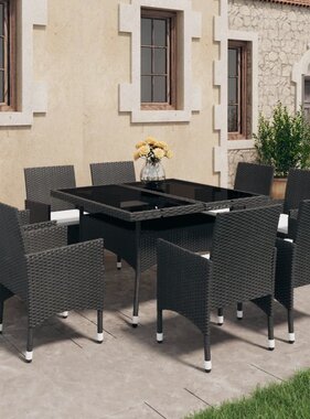 VidaXL 9-delige Tuinset poly rattan en glas zwart