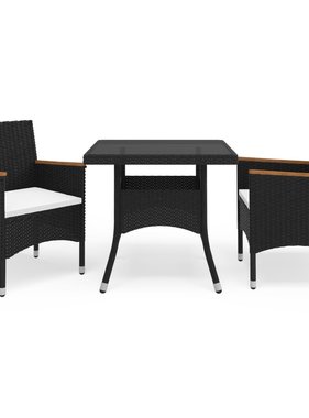 VidaXL 3-delige Tuinset poly rattan en acaciahout zwart