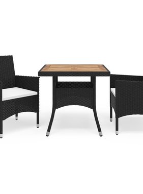 VidaXL 3-delige Tuinset poly rattan en acaciahout zwart