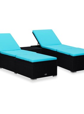 VidaXL 3-delige Ligbeddenset met theetafel poly rattan zwart