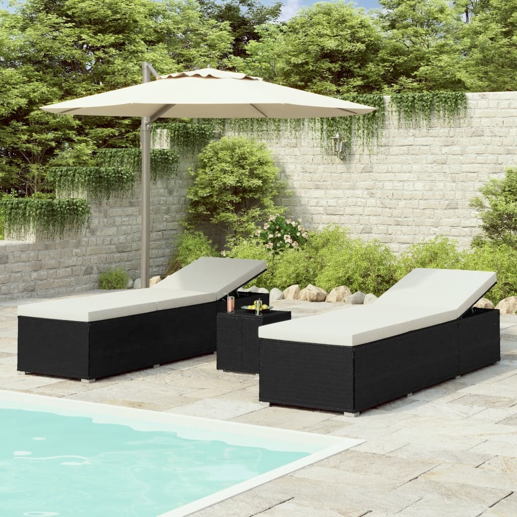 VidaXL 3-delige Ligbeddenset met theetafel poly rattan zwart
