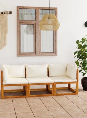 VidaXL Tuinbank driezits met kussens massief acaciahout crème