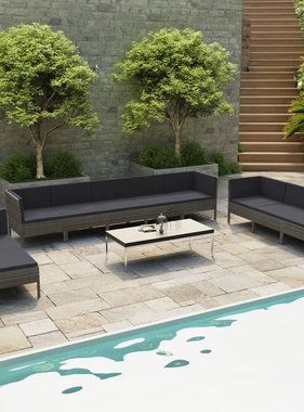 VidaXL 10-delige Loungeset met kussens poly rattan grijs